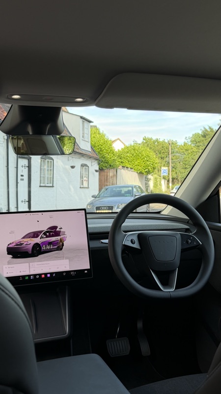Front three-quarter of the Model Y RWD by a hedge