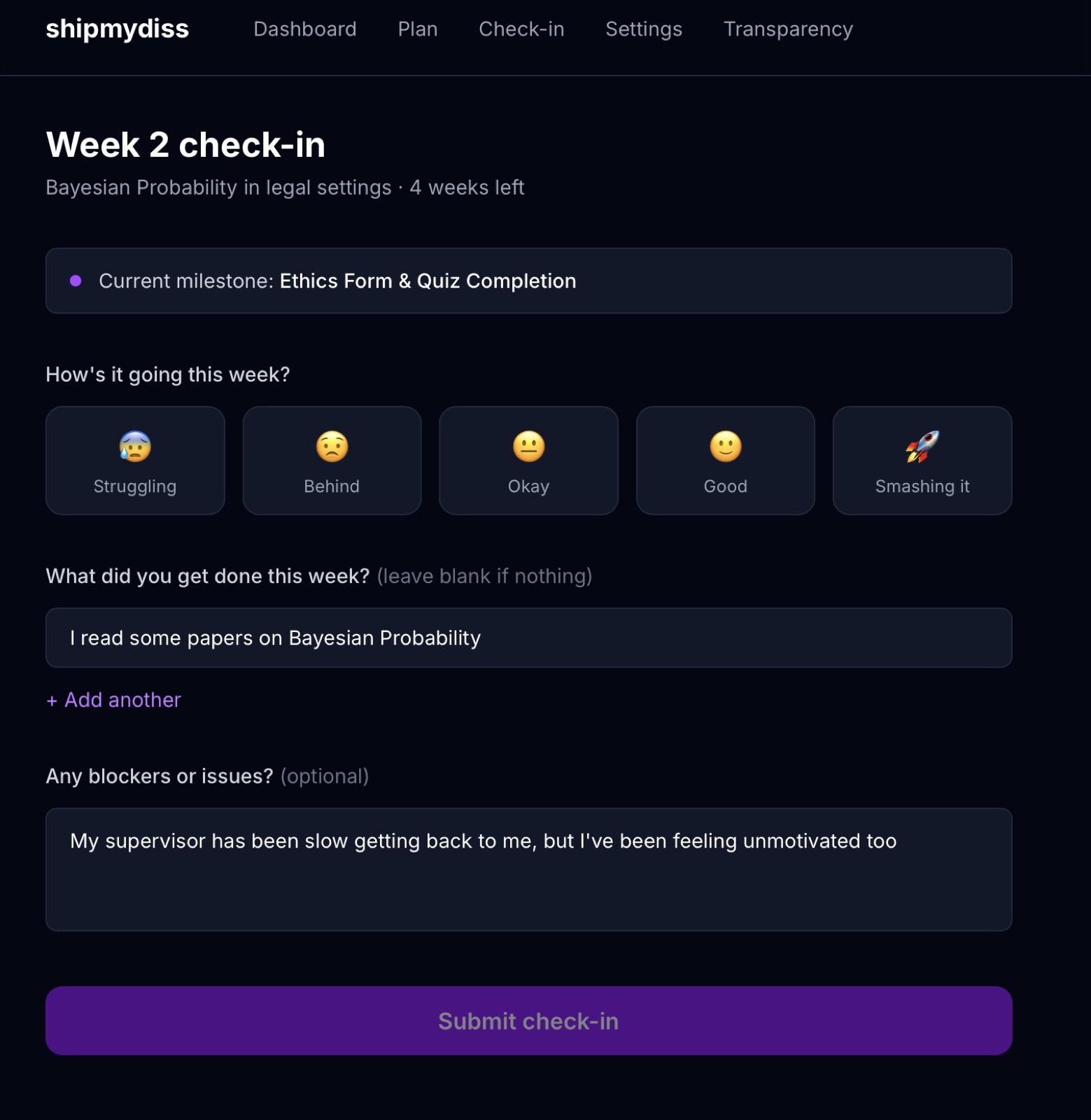 Weekly check-in form with a mood selector ranging from Struggling to Smashing it