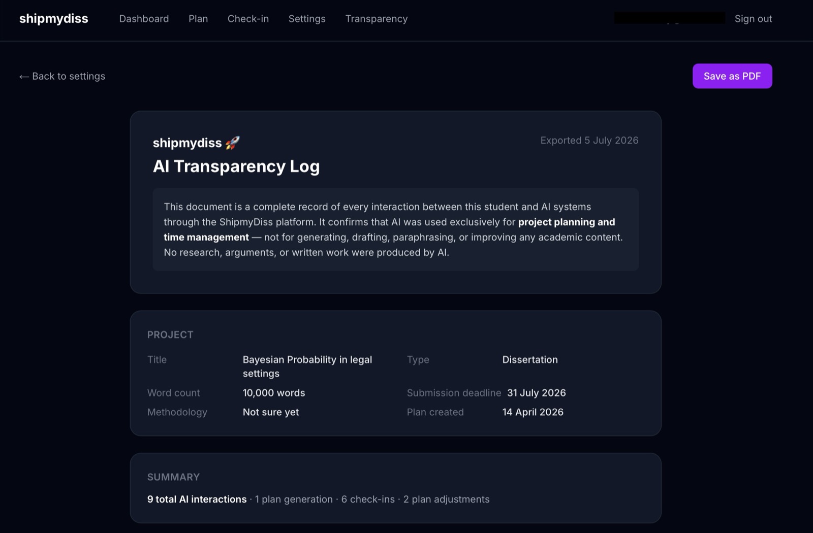 AI Transparency Log confirming AI was used exclusively for project planning and time management, not for generating academic content